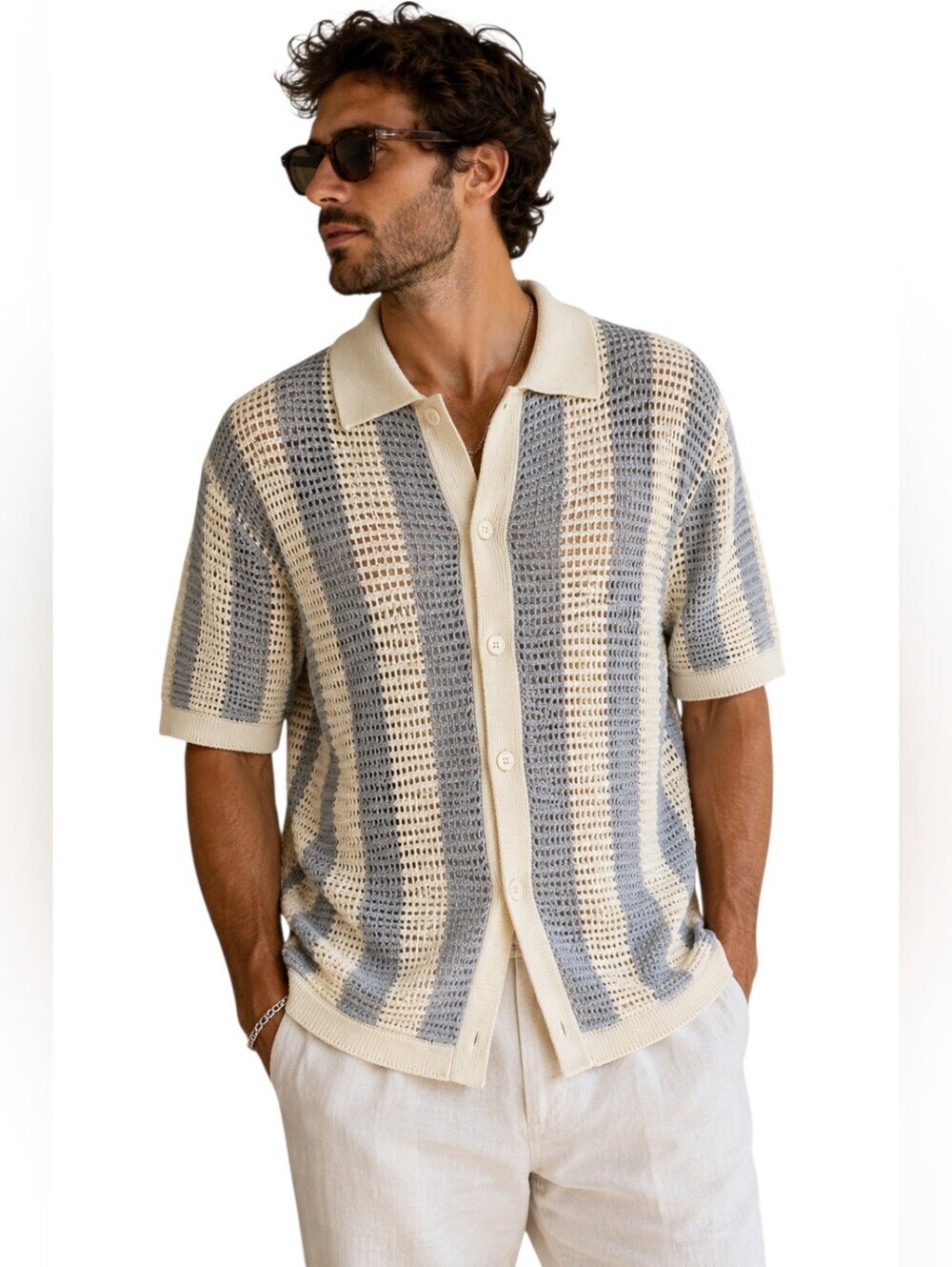 Massive Luxury Men's Blue  Cream Crochet Open Knit Button Front Polo Shirt L NWT
